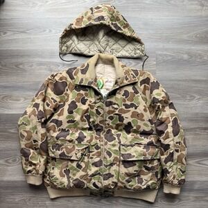 VTG 60s Woods Arctic Goose Down Camo Hunting Puffer Jacket Mens L Lightning Zip